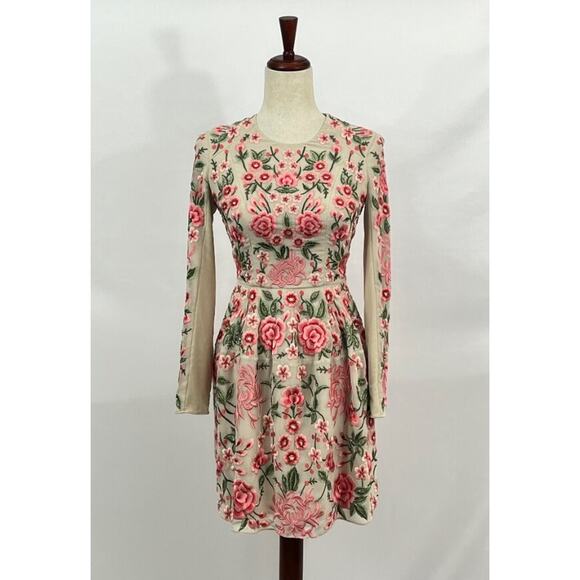 NEEDLE & THREAD Sz 0 US Embroidered Beige Pink Floral Mini Dress - Picture 8 of 10